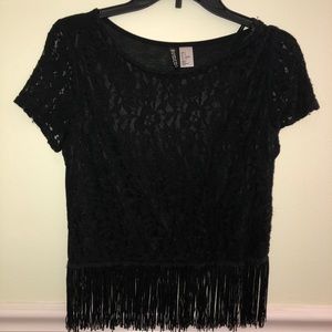lace fringe black top shirt sleeve small